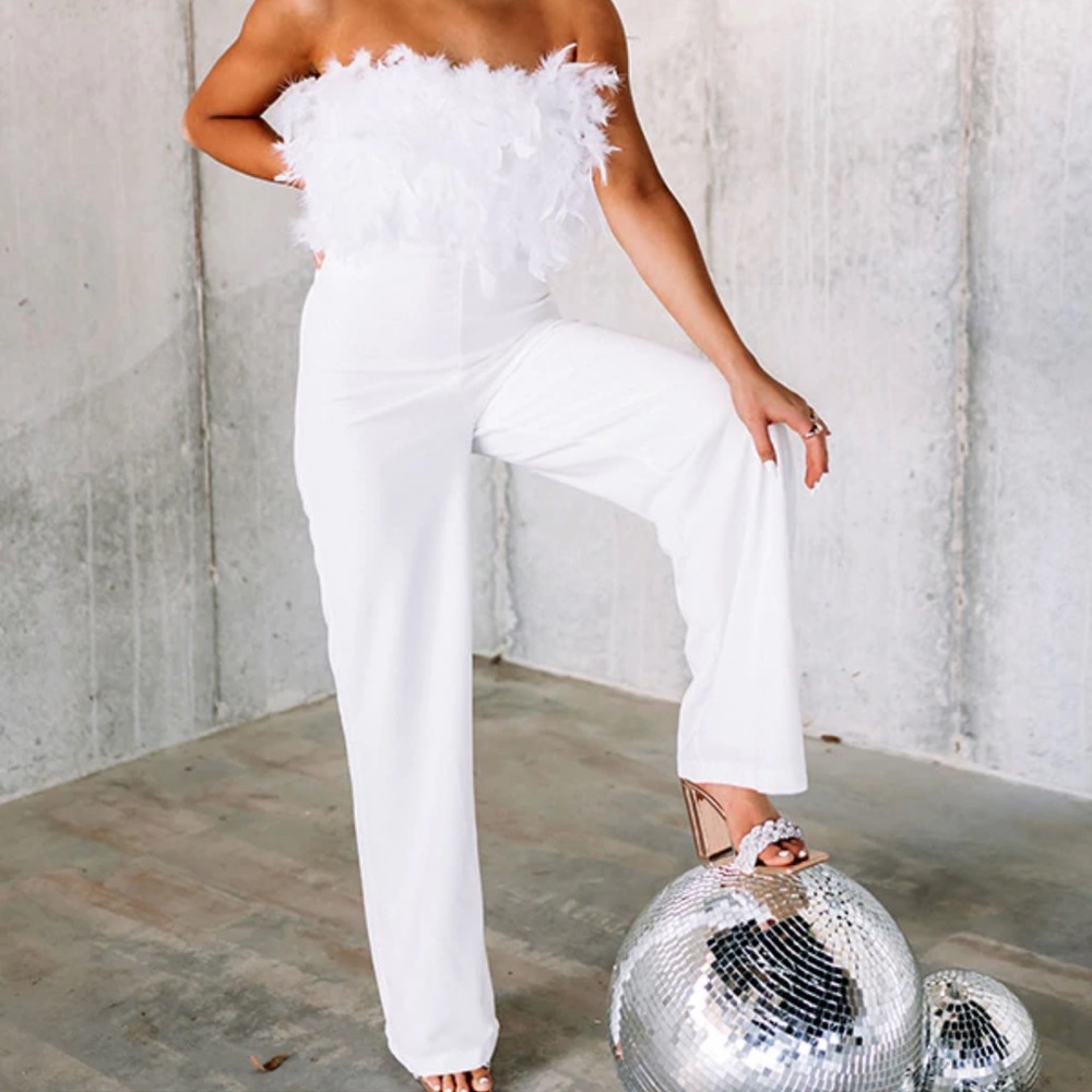 White Feather Jumpsuit - Impressions Boutique Rumored Romance Jumpsuit